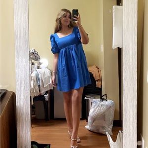 Blue Square Mini Dress with puff sleeves